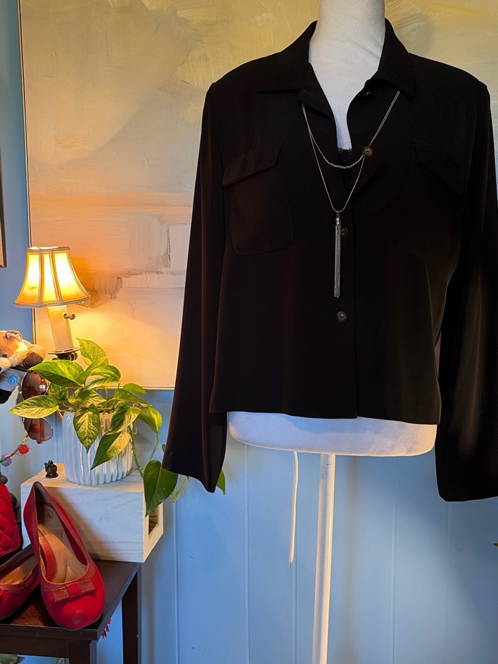 Talbots Black Long-Sleeve Button-Down Blouse with Chest Pockets
